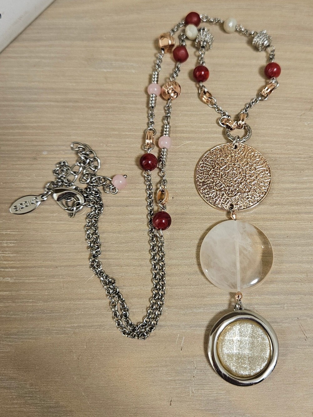 CHICO'S MEDALLION SILVER-TONE ROSE GOLD GLASS BEADS  BOHEMIAN LONG NECKLACE - Picture 7 of 16